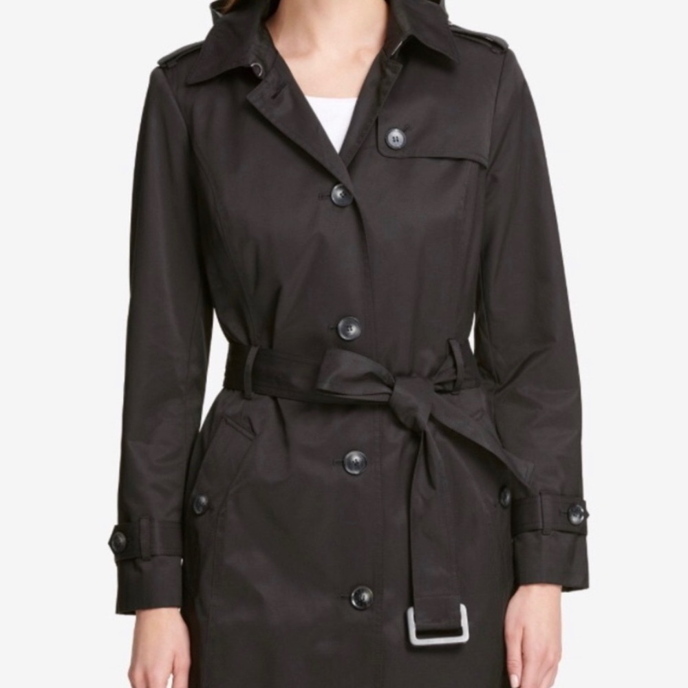 DKNY BLACK BELTED TRENCH COAT, XS